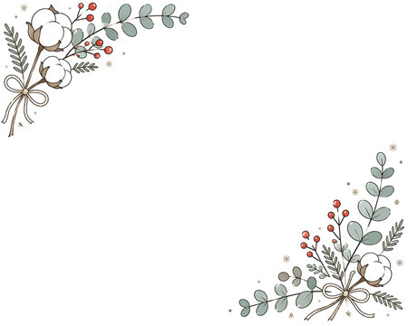 Cute Scandinavian winter botanical corner border frame vector flat cartoon illustration isolated on white background