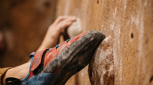 Close-up of a climber footwear stepping on a hold during indoor bouldering rock climbing training session