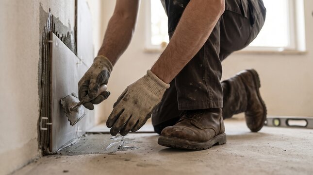 Professional tiler installing ceramic tiles on interior wall using notched trowel and adhesive mortar during home renovation construction project