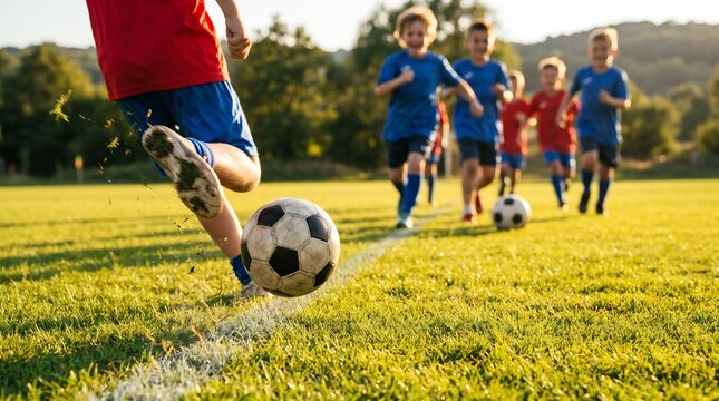 Excited children playing soccer and football match on a sunny outdoor green grass field, low angle action shot of a child kicking the ball during a youth sports game with teammates running behind