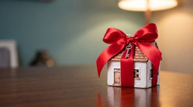 A ceramic model house wrapped with a vibrant red satin ribbon and a silver key sits on a wooden table inside a cozy home interior with warm lighting