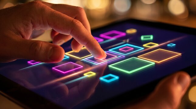 Close up of person using digital tablet with glowing neon square interface icons and controls, interacting with futuristic music production app in dark studio environment with warm bokeh lighting