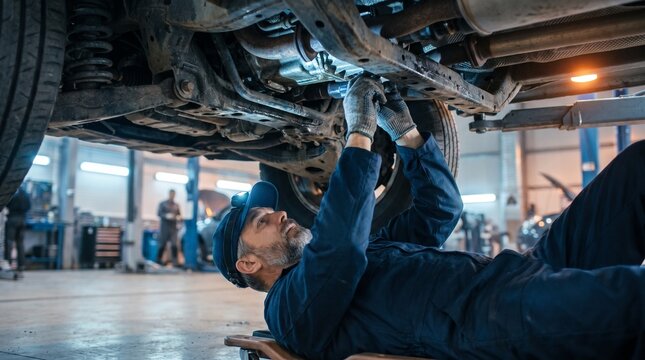 Professional automotive mechanic working underneath a lifted car in a modern auto repair shop, using tools and wearing uniform for vehicle maintenance, inspection and service in a bright garage