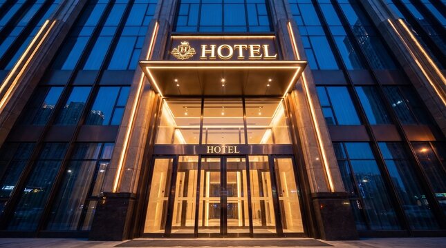 Modern luxury hotel exterior entrance with glowing illumination at dusk, featuring glass facade architecture, warm LED lights, and welcoming glass sliding doors in an urban downtown setting
