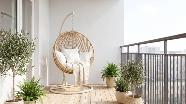 Cozy apartment balcony decorated with hanging rattan chair, soft white pillows, knitted blanket, and green potted plants, wooden flooring, bright daylight, modern home interior exterior lifestyle