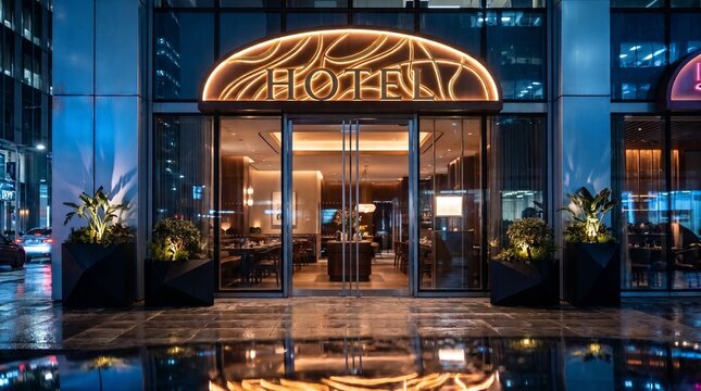 Modern luxury hotel entrance facade with glowing warm illuminated signage, glass double doors, sleek architecture, and stylish potted plants at night in a contemporary urban city center setting.