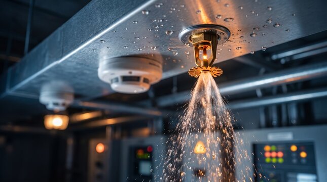 Fire sprinkler system actively spraying water from a ceiling mounted brass nozzle with smoke detectors and industrial electrical panels in the background during an emergency response