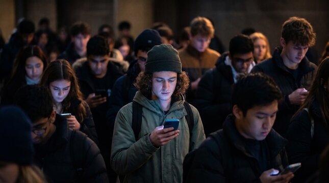 Diverse crowd of young adults walking outdoors in a city at dusk, looking down at glowing smartphone screens illuminated by device light, modern technology and social connection lifestyle concept