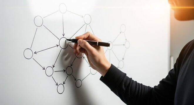 Person drawing a network diagram on a whiteboard with a marker