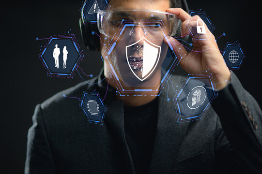 Business Professional Wearing Virtual Reality Glasses with Cybersecurity Icons