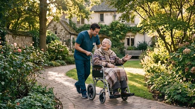 Compassionate male caregiver pushing a senior woman in a wheelchair along a scenic sunlit garden path at a residential care facility