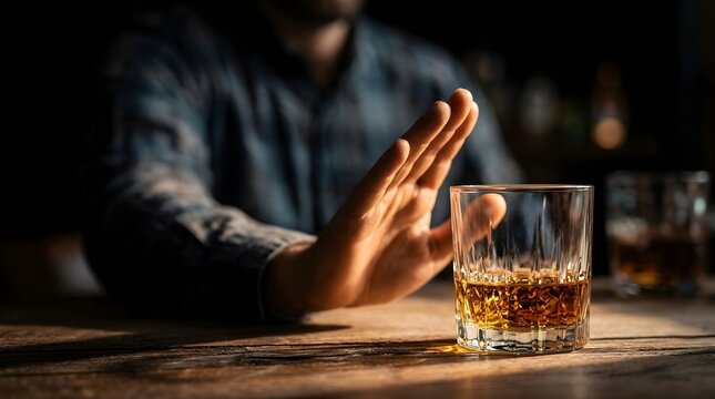 A Person Refusing a Glass of Whiskey to Choose Sobriety and Health in a Dark Pub Setting