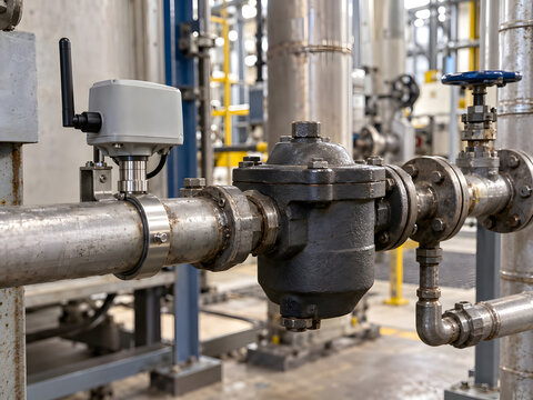 Wireless steam trap monitoring sensor mounted on industrial steam pipeline for predictive maintenance