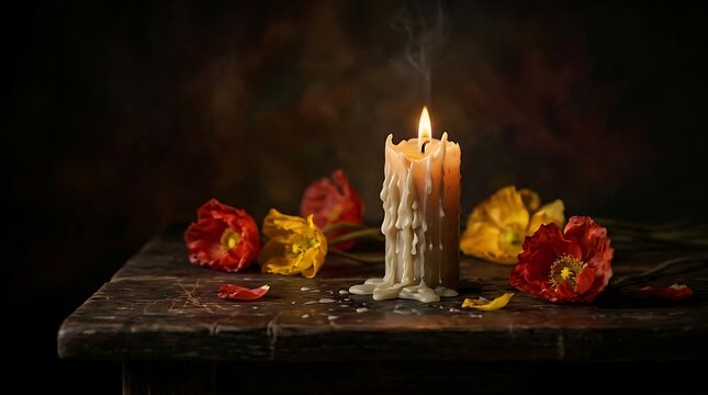A solemn tribute of remembrance candles and flowers honor the sacrifices made for freedom and peace