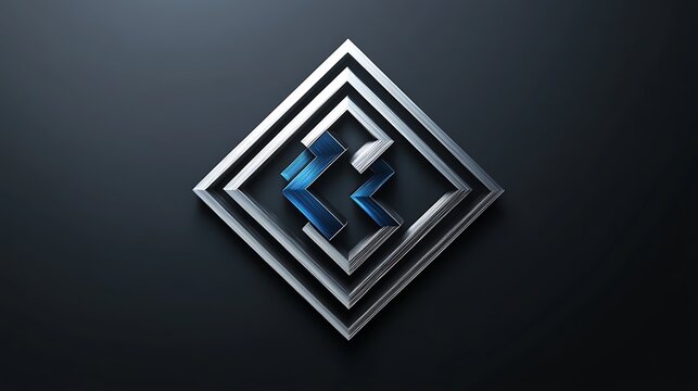 Abstract metallic logo shape featuring geometric silver frames and glowing blue inner elements against dark background