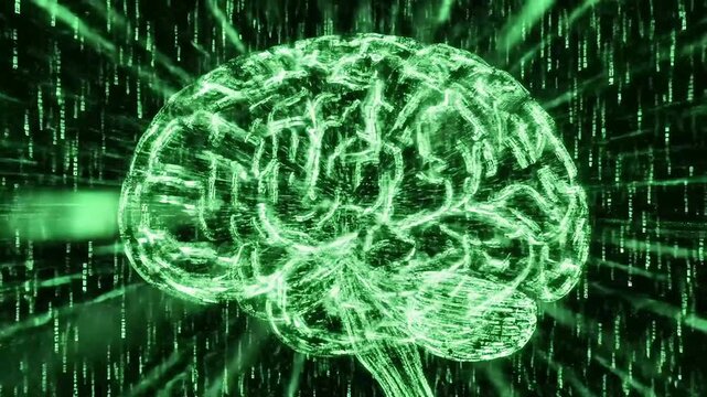 Glowing digital brain formed from green matrix code rain streaming down in dark cyberspace background, symbolizing cyber intelligence, big data processing, futuristic technology, mind concept.