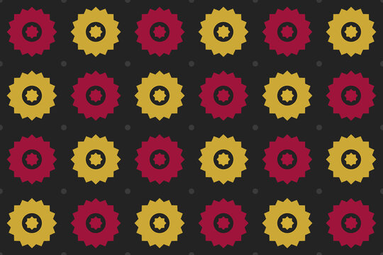Original sixteen-pointed rosette lattice pattern in ruby red and gold on charcoal background