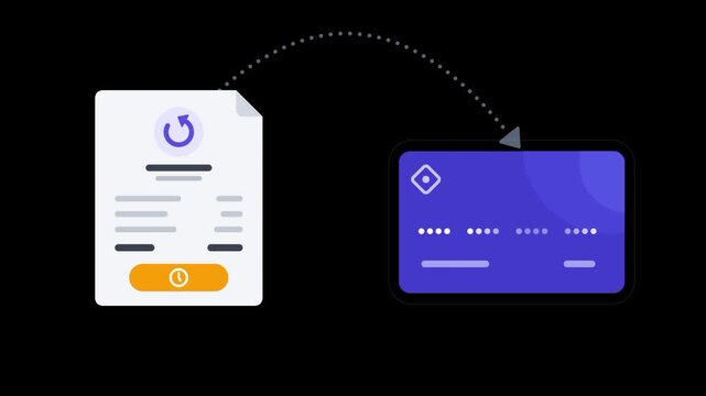 Animated vector graphic showing a monetary refund transferred from a digital receipt to a credit card