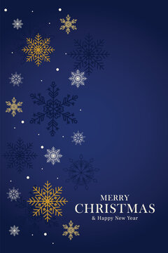 Luxury royal blue and gold christmas greeting card template with falling snowflakes.