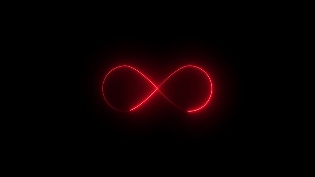 Glowing red infinity symbol neon light animation on black background, for endless loop, concept