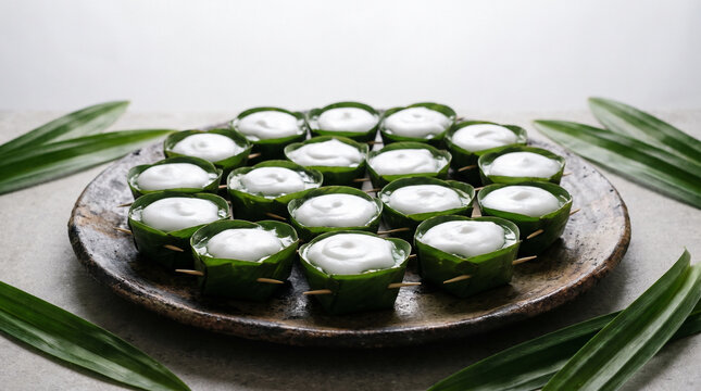Authentic thai coconut cream jelly tako in pandan leaf cups on rustic stoneware tray