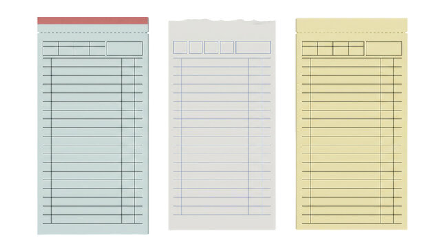 Three vertical restaurant guest check pads in light blue, white, and yellow with grid lines and header boxes for orders