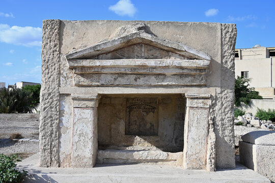 Above Ground Mausoleum Style Ancient Tomb with Classical Architectural Features at Catacombs of Alexandria, Egypt