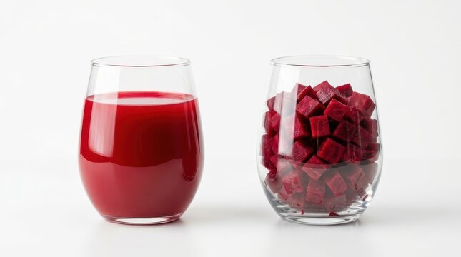 Two glasses with beet juice and cubed beets isolated on white background