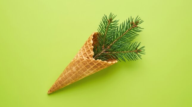 A fresh green pine tree branch placed inside a crispy waffle ice cream cone on a vibrant light green background