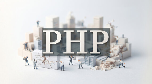 「PHP」の文字とシステム障害に頭を抱えるエンジニアのコンセプトイメージ