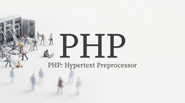 「PHP」の文字とシステム開発を表現したミニチュア素材