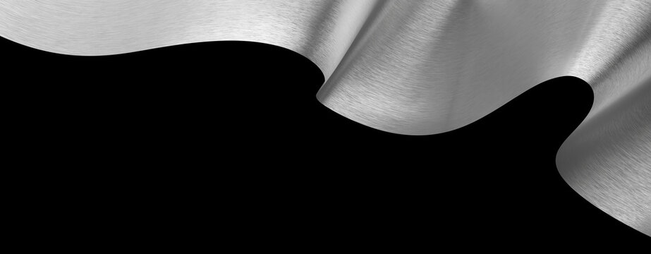 Silver metal waving isolated on black background with copy space 3D render
