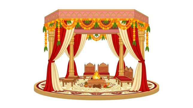 Traditional Indian wedding mandap with red and cream drapes, marigold garlands, and a sacred ritual fire at the center, isolated on a white background.