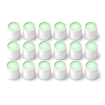 Neat grid of sleek cylindrical battery cells soft green charging glow matte white