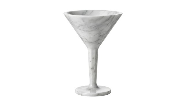 Elegant Hand Carved White Marble Martini Glass with Natural Grey Veins, Luxurious Minimalist Cocktail Barware and Decorative Stone Object Isolated on a Clean White Background