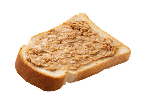 Slice of bread spread with crunchy peanut butter isolated on transparent background