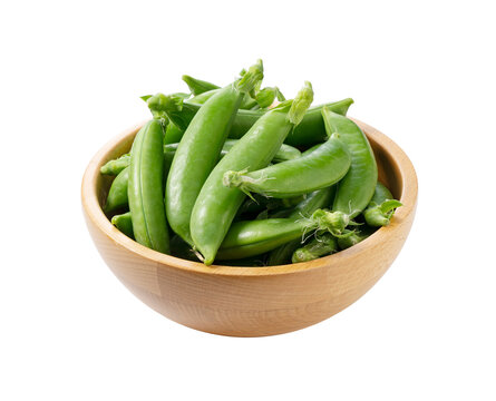 Fresh green snap peas in a wooden bowl isolated on transparent background