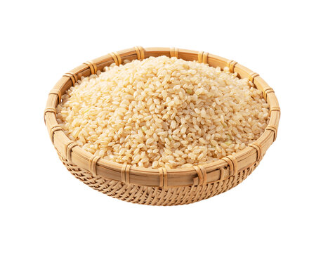 Unpolished brown rice in a bamboo sieve isolated on transparent background