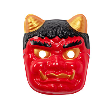 Japanese traditional red ogre demon mask oni for Setsubun festival isolated on transparent background