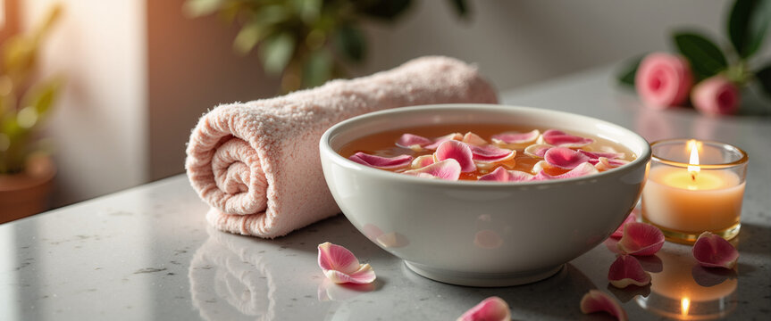 Ceramic bowl with rose petals towel and candle on bathroom counter for hygiene blogs self-care websites and aromatherapy presentations