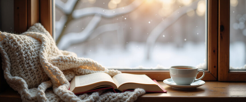 Cozy reading nook with blanket book and tea by snowy window for winter holiday blogs travel websites and relaxation concepts