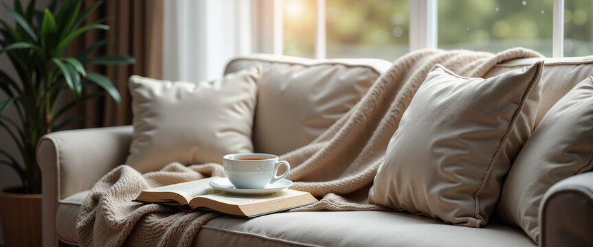 Cozy living room sofa with blanket and tea near rainy window for home decor blogs weather websites and hygge lifestyle articles