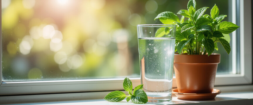Fresh mint pot and glass of water on window sill for healthy living blogs hydration websites and natural remedy articles
