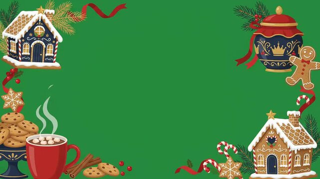 Festive Christmas holiday background animation featuring gingerbread houses, hot cocoa with marshmallows, and sweet treats in a cozy winter motion graphics template.