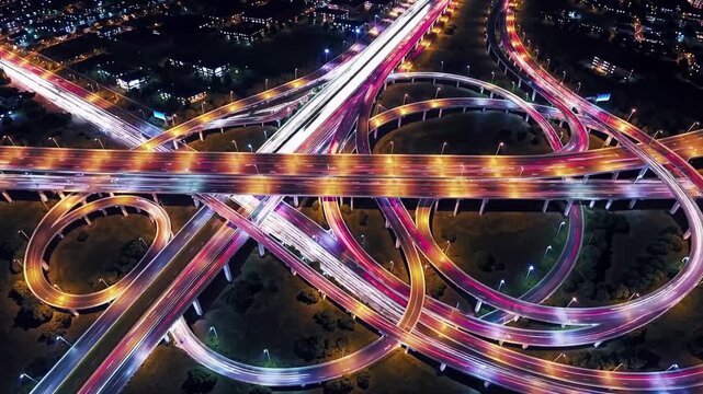 Complex highway interchange glows at night while vibrant traffic light streaks trace intricate curves over multiple elevated flyovers, showcasing energetic rhythm of modern urban commuting.