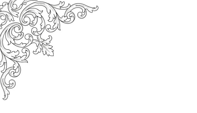 Classic black and white rococo corner scroll ornament with delicate floral flourishes isolated on a white background.