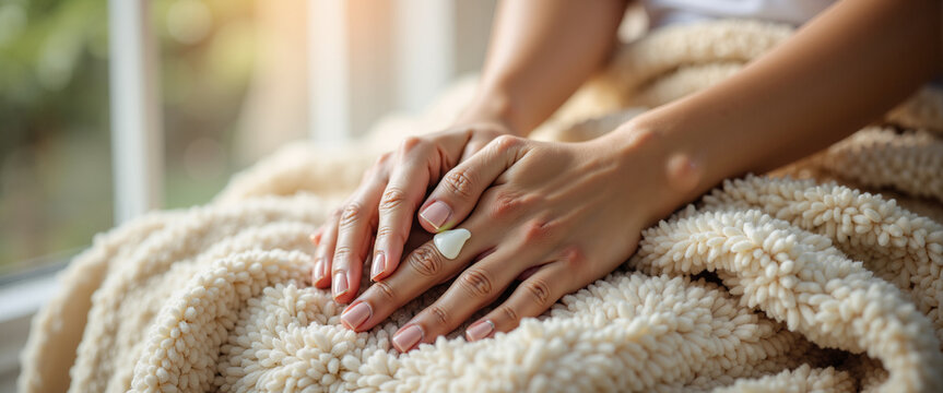 Hands applying soothing lotion to dry skin for dermatology blogs skincare websites and personal care presentations