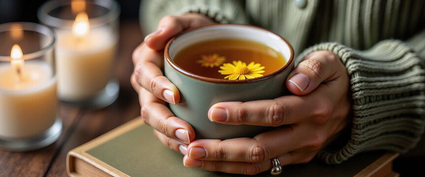 Hands holding warm cup of chamomile tea by candle for evening relaxation blogs sleep hygiene websites and wellness articles