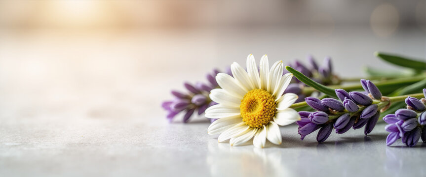 Single chamomile flower and lavender sprig close-up for botanical blogs aromatherapy websites and natural remedy designs