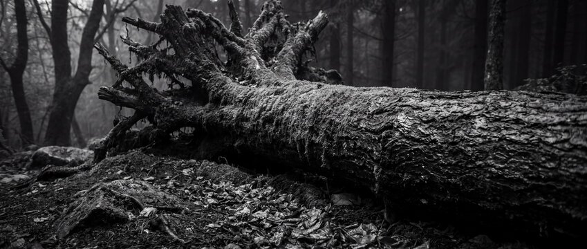 Fallen tree trunk with complex exposed root system resting inside a dark mysterious forest